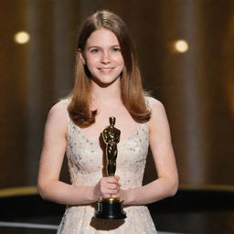 A teenage girl with chestnut hair in a butterfly cut, standing on a stage delivering a speech with her Oscar award in hand.