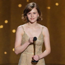 A teenage girl with chestnut hair in a butterfly cut, standing on a stage delivering a speech with her Oscar award in hand.