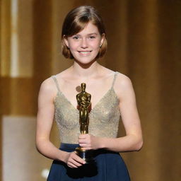 A teenage girl with chestnut hair in a butterfly cut, standing on a stage delivering a speech with her Oscar award in hand.