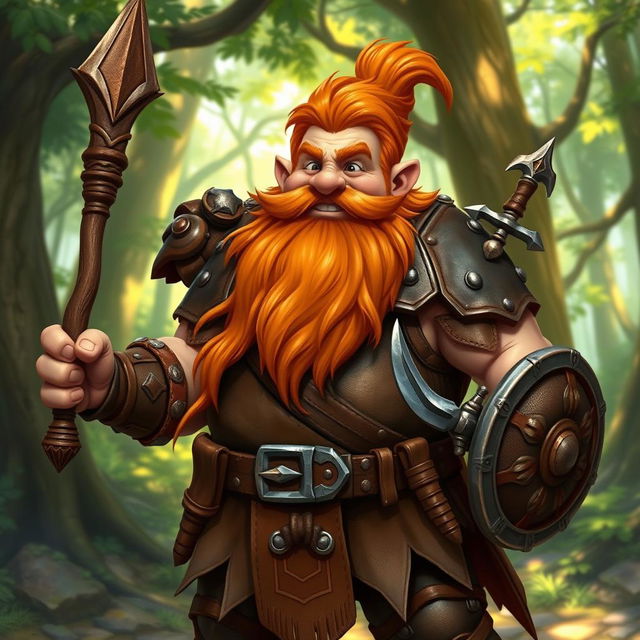 A stout and muscular gnome druid with a long, flowing orange beard and hair, wearing detailed leather armor that showcases his robust build