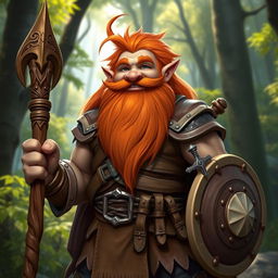 A stout and muscular gnome druid with a long, flowing orange beard and hair, wearing detailed leather armor that showcases his robust build