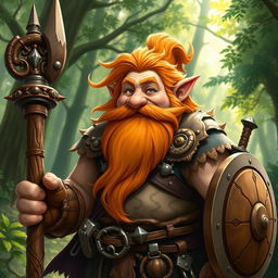 A stout and muscular gnome druid with a long, flowing orange beard and hair, wearing detailed leather armor that showcases his robust build