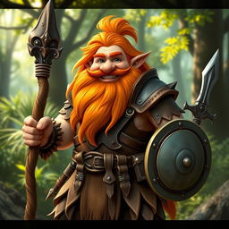 A stout and muscular gnome druid with a long, flowing orange beard and hair, wearing detailed leather armor that showcases his robust build