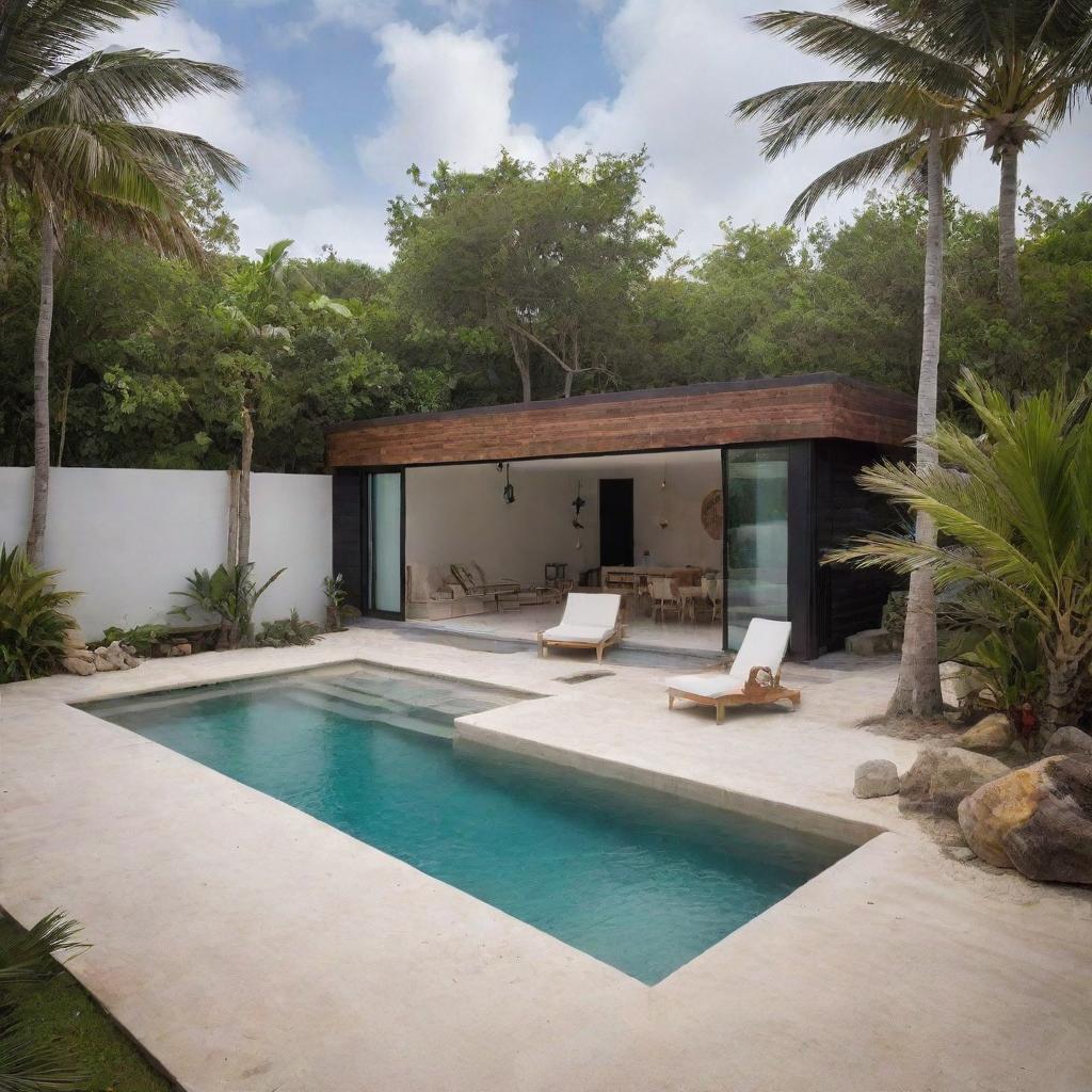 A small modern beach house inspired by Tulum, with a compact front pool and a small fire pit. The house showcases tropical, eco-chic design, using native materials and a minimalist aesthetic.