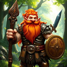 A stout and muscular gnome druid with a long, flowing orange beard and hair, exuding strength and cheerfulness with a wide smile on his face