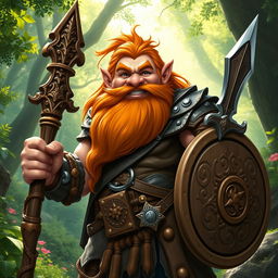 A stout and muscular gnome druid with a long, flowing orange beard and hair, exuding strength and cheerfulness with a wide smile on his face