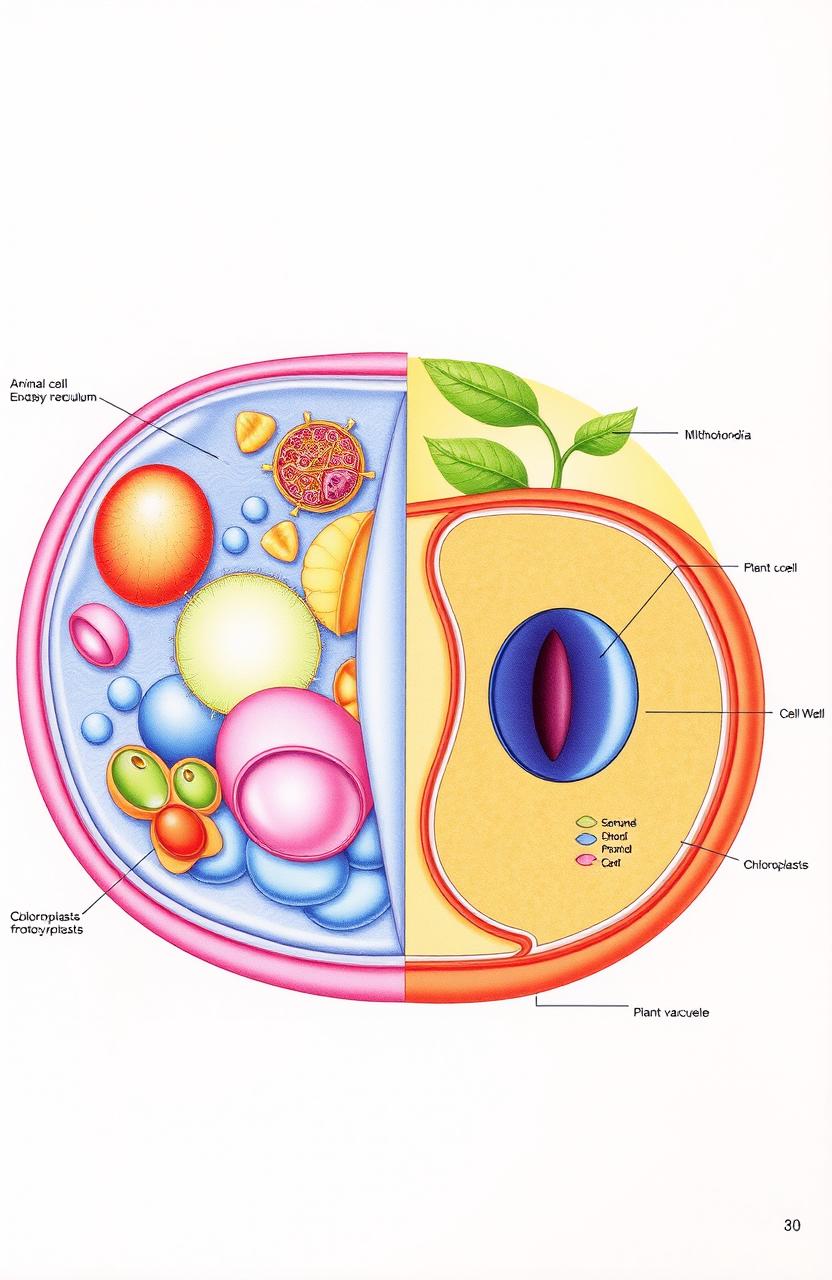 A detailed diagram of an animal and plant cell side by side, showcasing their unique structures