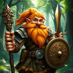 A stout and muscular gnome druid with a long, flowing orange beard and hair, exuding strength and cheerfulness with a wide smile on his face