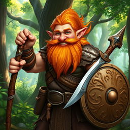 A stout and muscular gnome druid with a long, flowing orange beard and hair, exuding strength and cheerfulness with a wide smile on his face