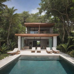 A small modern beach house inspired by Tulum, with a compact front pool and a small fire pit. The house showcases tropical, eco-chic design, using native materials and a minimalist aesthetic.