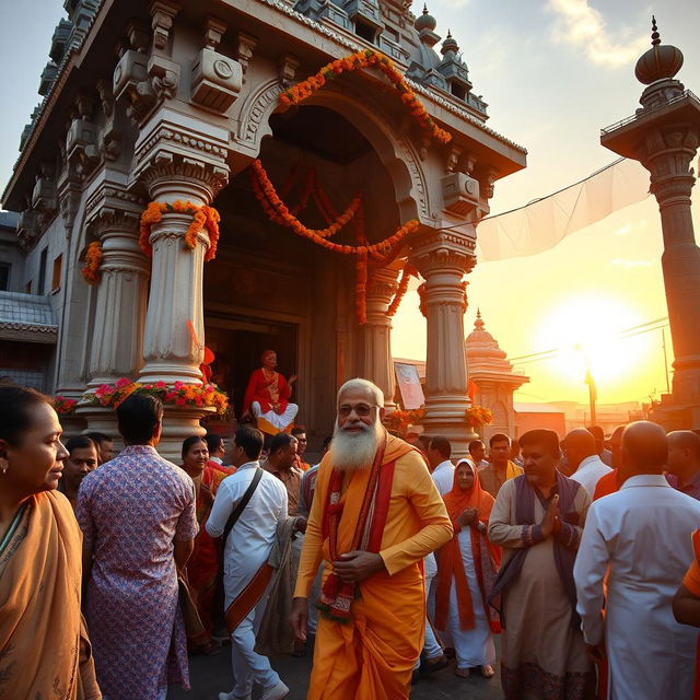 A majestic scene at the Tarapith Temple with Modi Ji in traditional Indian attire, walking peacefully among devotees