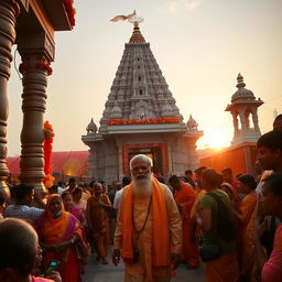 A majestic scene at the Tarapith Temple with Modi Ji in traditional Indian attire, walking peacefully among devotees