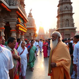 A majestic scene at the Tarapith Temple with Modi Ji in traditional Indian attire, walking peacefully among devotees