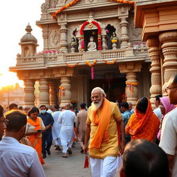 A majestic scene at the Tarapith Temple with Modi Ji in traditional Indian attire, walking peacefully among devotees