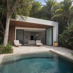 A small modern beach house inspired by Tulum, with a compact front pool and a small fire pit. The house showcases tropical, eco-chic design, using native materials and a minimalist aesthetic.