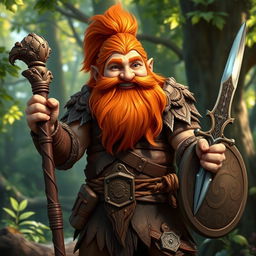 A stout and muscular gnome druid with long, flowing orange beard and hair, wearing intricate leather armor that enhances his robust physique