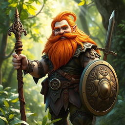 A stout and muscular gnome druid with long, flowing orange beard and hair, wearing intricate leather armor that enhances his robust physique