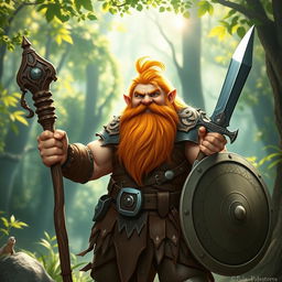 A stout and muscular gnome druid with long, flowing orange beard and hair, wearing intricate leather armor that enhances his robust physique