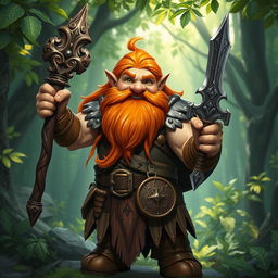 A stout and muscular gnome druid with long, flowing orange beard and hair, wearing intricate leather armor that enhances his robust physique