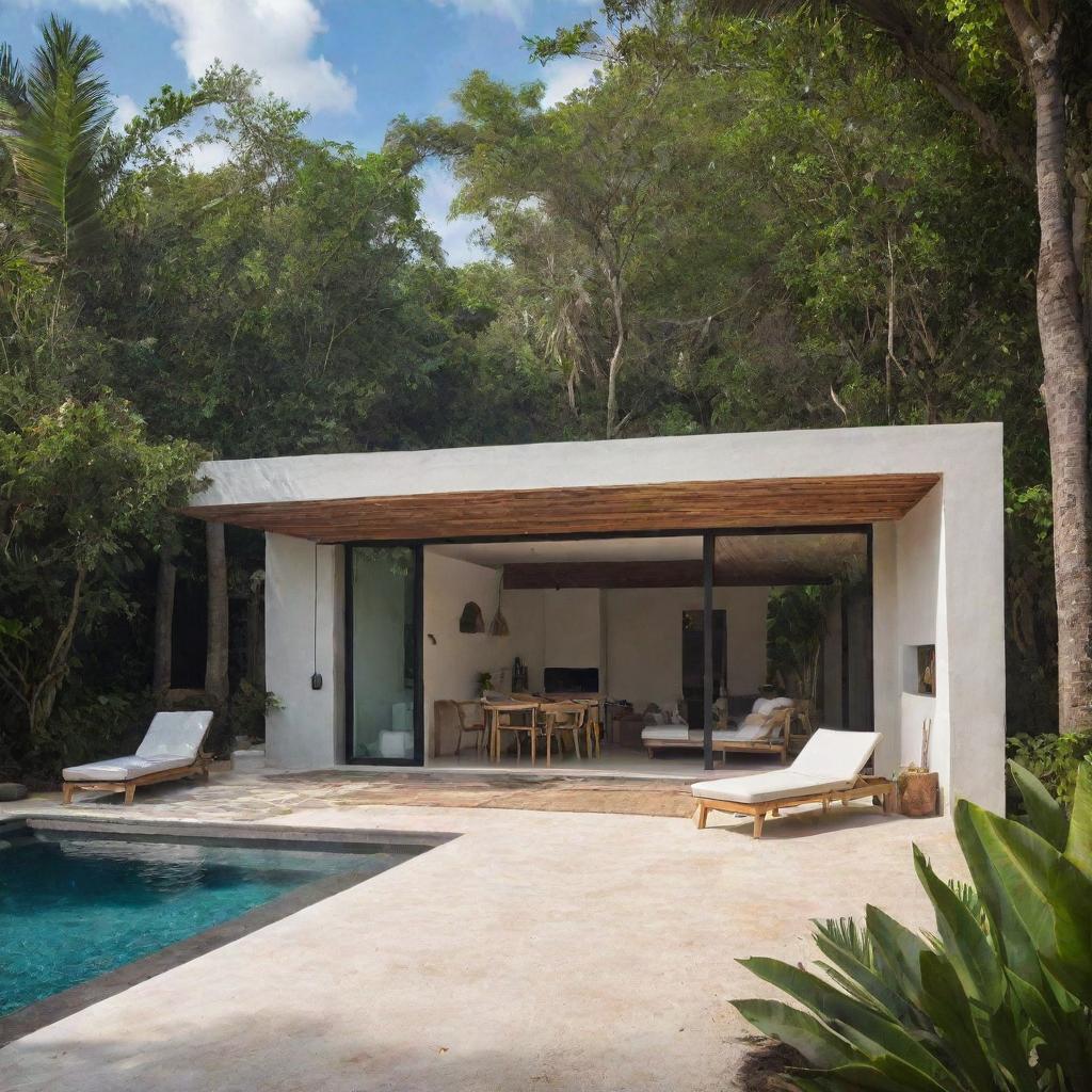 A small modern beach house inspired by Tulum, with a compact front pool and a small fire pit. The house showcases tropical, eco-chic design, using native materials and a minimalist aesthetic.