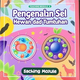 A vibrant cover design for a teaching module titled 'Pengenalan Sel Hewan dan Tumbuhan'