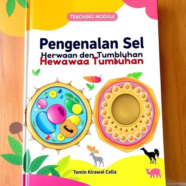 A vibrant cover design for a teaching module titled 'Pengenalan Sel Hewan dan Tumbuhan'