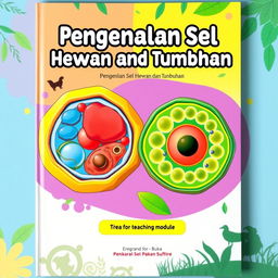 A vibrant cover design for a teaching module titled 'Pengenalan Sel Hewan dan Tumbuhan'