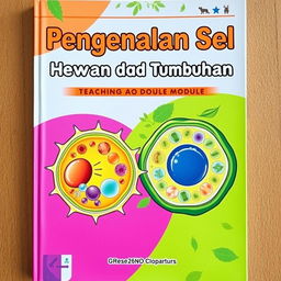 A vibrant cover design for a teaching module titled 'Pengenalan Sel Hewan dan Tumbuhan'