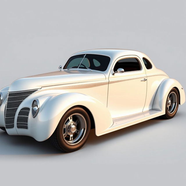 Speed-focused widebody 1939 Chevrolet Coupe reimagined as a powerful supercar, featuring a stunning pearl white exterior complemented by sleek silver stripes adorned with shimmering silver specks