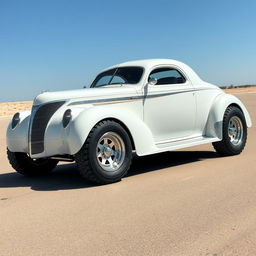 Speed-focused widebody 1939 Chevrolet Coupe reimagined as a powerful supercar, featuring a stunning pearl white exterior complemented by sleek silver stripes adorned with shimmering silver specks