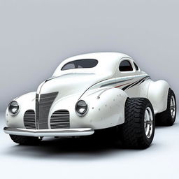 Speed-focused widebody 1939 Chevrolet Coupe reimagined as a powerful supercar, featuring a stunning pearl white exterior complemented by sleek silver stripes adorned with shimmering silver specks