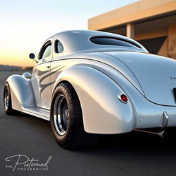 Speed-focused widebody 1939 Chevrolet Coupe reimagined as a powerful supercar, featuring a stunning pearl white exterior complemented by sleek silver stripes adorned with shimmering silver specks