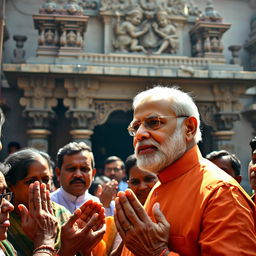 A detailed and vibrant scene of Prime Minister Narendra Modi visiting the Tara Pith temple, showcasing him with a clear and expressive face