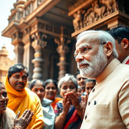 A detailed and vibrant scene of Prime Minister Narendra Modi visiting the Tara Pith temple, showcasing him with a clear and expressive face