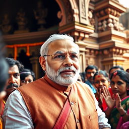 A detailed and vibrant scene of Prime Minister Narendra Modi visiting the Tara Pith temple, showcasing him with a clear and expressive face