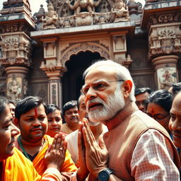 A detailed and vibrant scene of Prime Minister Narendra Modi visiting the Tara Pith temple, showcasing him with a clear and expressive face