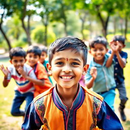 A nostalgic scene of childhood, depicting a group of kids playing kabaddi with determination and joy