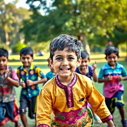 A nostalgic scene of childhood, depicting a group of kids playing kabaddi with determination and joy