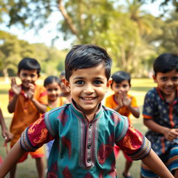 A nostalgic scene of childhood, depicting a group of kids playing kabaddi with determination and joy