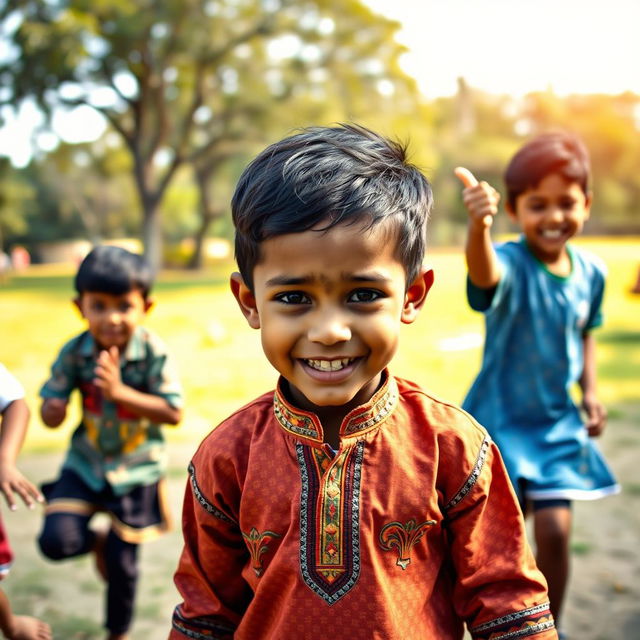 A nostalgic scene of childhood, depicting a group of kids playing kabaddi with determination and joy