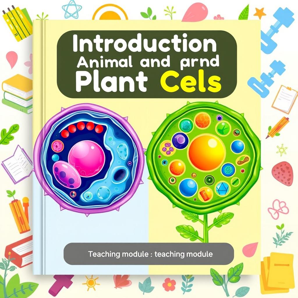 A vibrant and educational cover design for a teaching module on the introduction to animal and plant cells