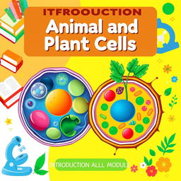 A vibrant and educational cover design for a teaching module on the introduction to animal and plant cells