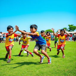 A vibrant scene of children enthusiastically playing Kabaddi on a green field, showcasing their energy and joy