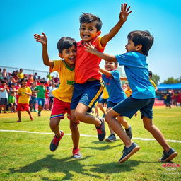 A vibrant scene of children enthusiastically playing Kabaddi on a green field, showcasing their energy and joy