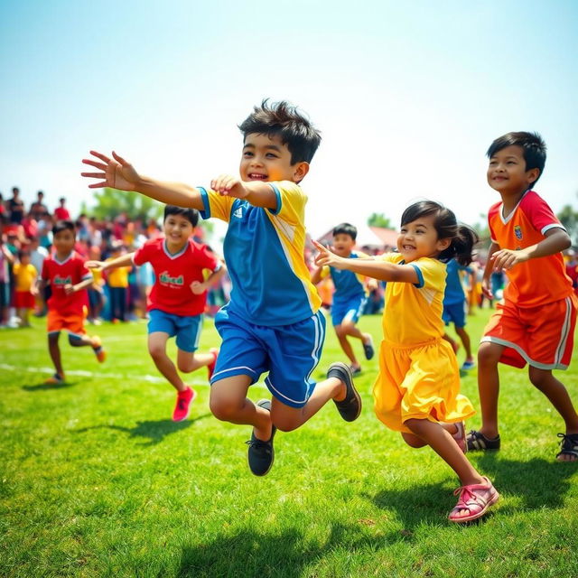 A vibrant scene of children enthusiastically playing Kabaddi on a green field, showcasing their energy and joy