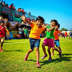 A vibrant scene of children enthusiastically playing Kabaddi on a green field, showcasing their energy and joy