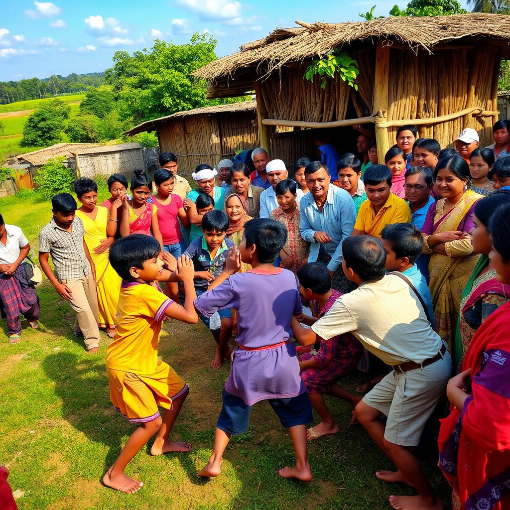 A vibrant village scene where children are playing Kabaddi, surrounded by enthusiastic onlookers