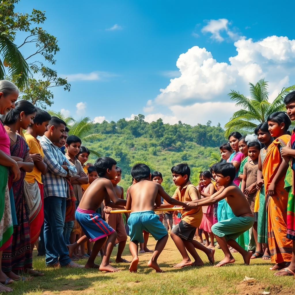 A vibrant village scene where children are playing Kabaddi, surrounded by enthusiastic onlookers