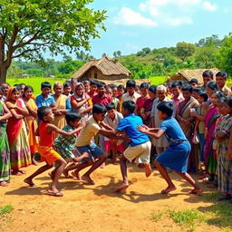 A vibrant village scene where children are playing Kabaddi, surrounded by enthusiastic onlookers