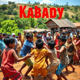 A vibrant village scene where children are playing Kabaddi, surrounded by enthusiastic onlookers